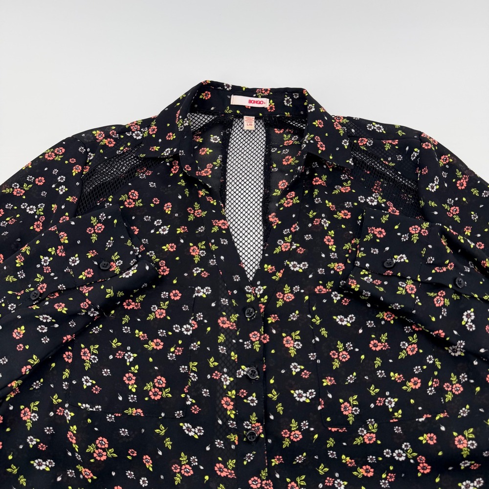 Bongo Floral Mesh Panel Button Down Shirt Sheer Ditsy Print Top Large Black